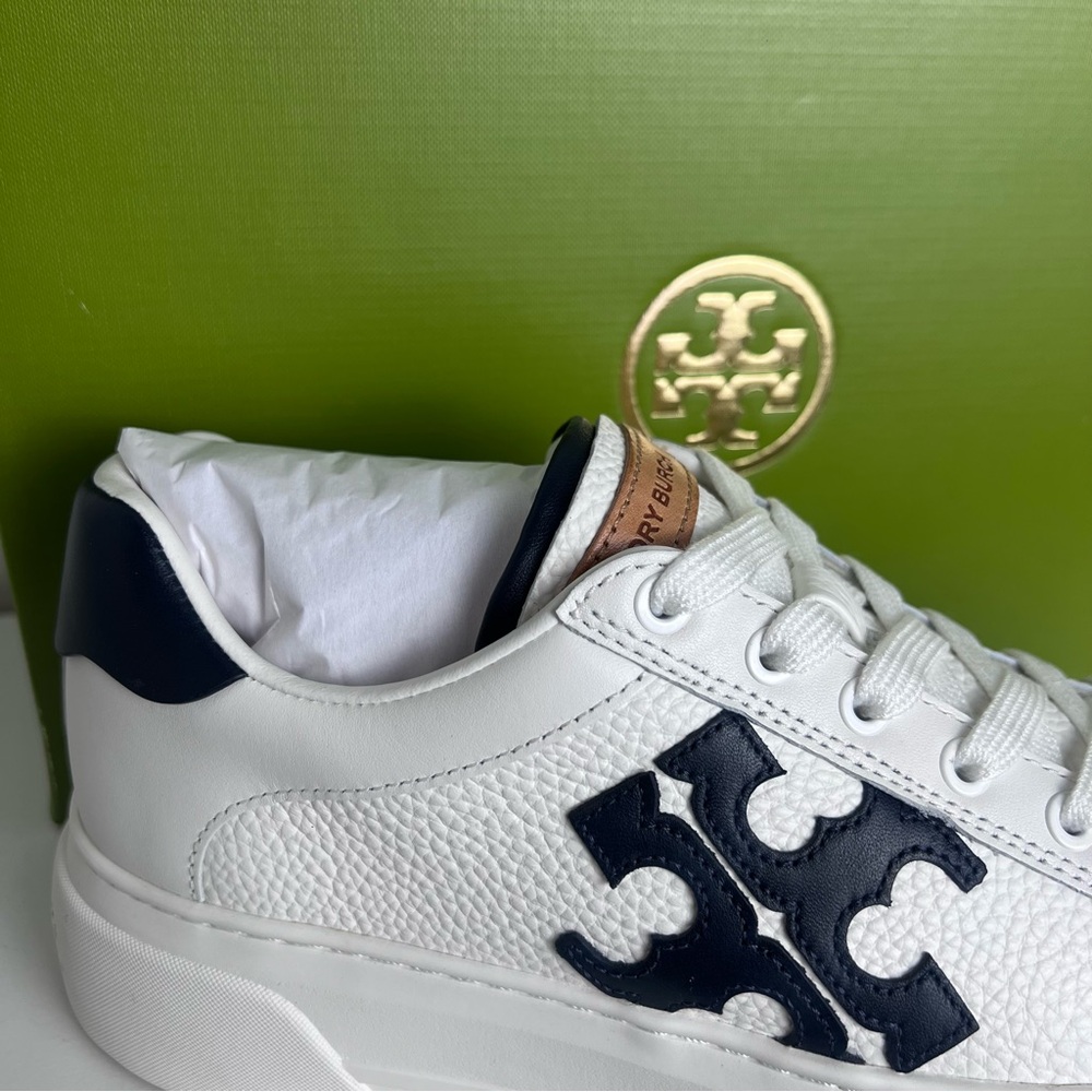 Tory Burch White and Navy Leather Sneakers - Picture 6 of 16